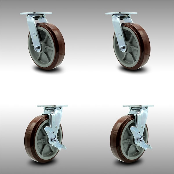 8 Inch Stainless Steel Polyurethane Swivel Caster Set with Roll Bearing 2 Brakes